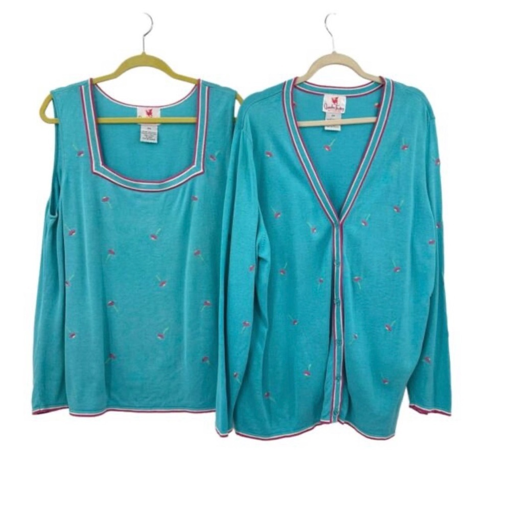 Quacker Factory Blue Embroidered Floral Sweater Cardigan Square Neckline Y2K